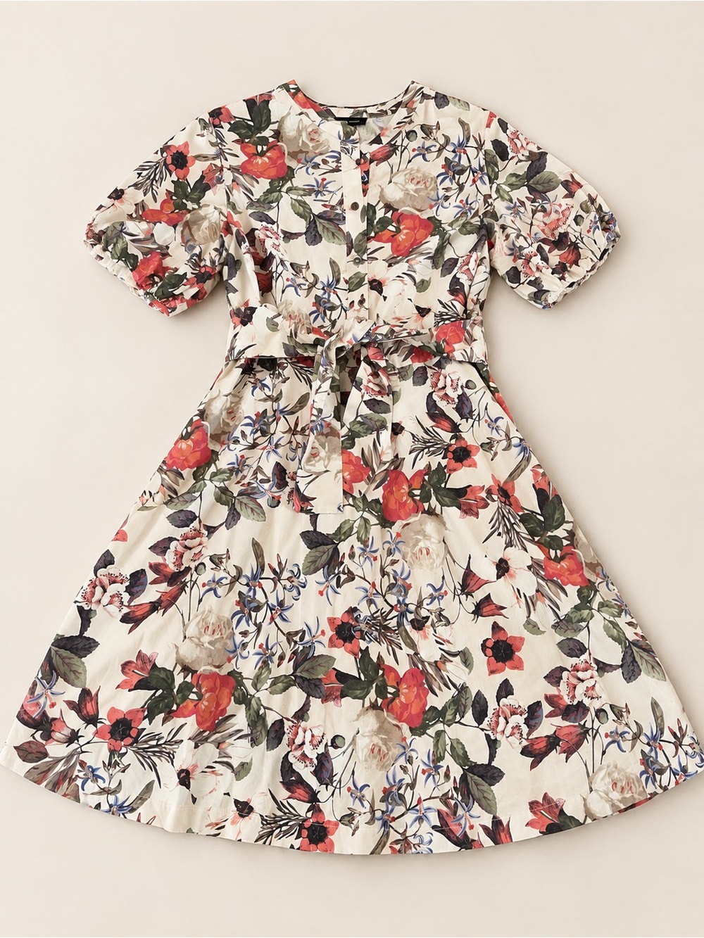 INC International Concepts Cream Midi Dress with Red, Green & Blue Floral Print